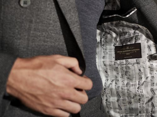 Bespoke suit customization details at Bhambi's NYC – hand-stitched monogram lining and kissing buttons on a custom suit